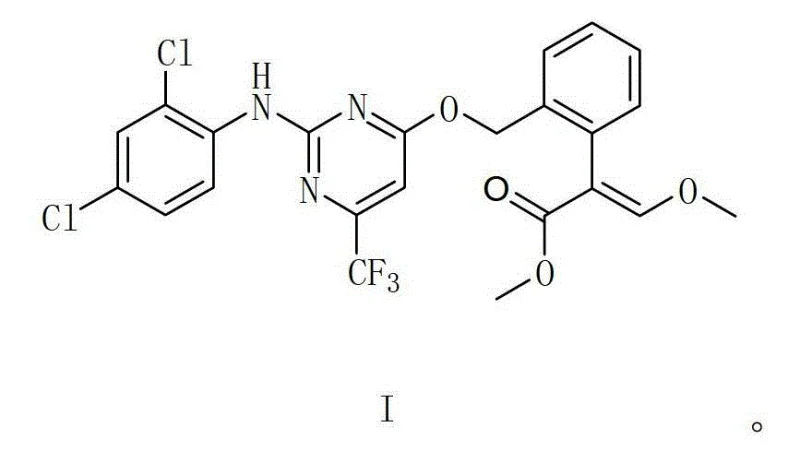 Chemical structure of Pyriminostrobin (Compound I) showing the pyrimidine ring linked to a dichlorophenyl group and a methoxyacrylate moiety