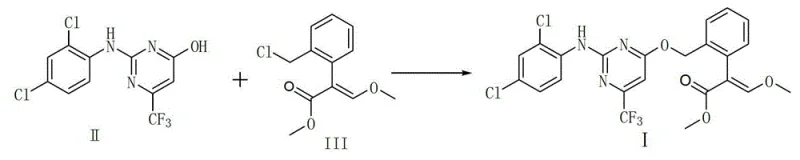Prior art reaction scheme showing direct reaction of Pyrimidinol (II) and Benzyl Chloride (III) to form Pyriminostrobin (I) with noted disadvantages