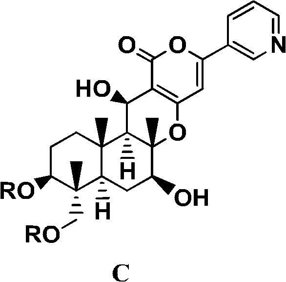 General chemical structure of Compound C showing acyloxy groups at positions 1 and 11 and a hydroxyl group at position 7