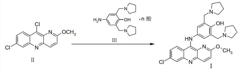 Core reaction scheme showing Formula II reacting with Formula III acid salt to form Pyronaridine Formula I