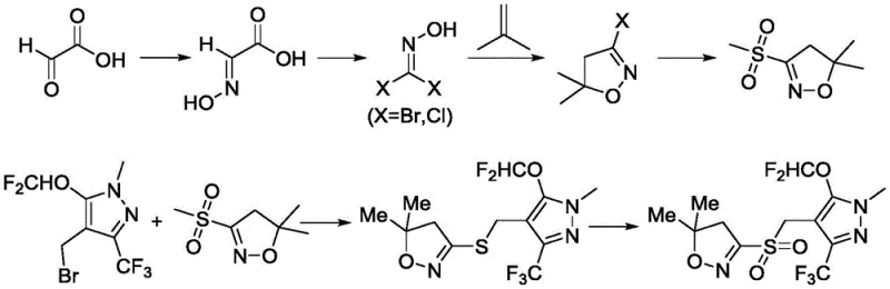 Prior art synthesis route for Pyroxasulfone involving dangerous isobutene gas and expensive NBS reagents