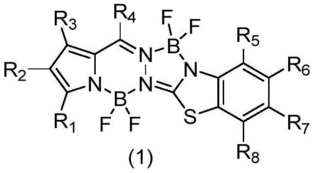 General chemical structure of pyrrole hydrazone hydrazine difluoroboron fluorescent dye showing variable substituents R1-R8