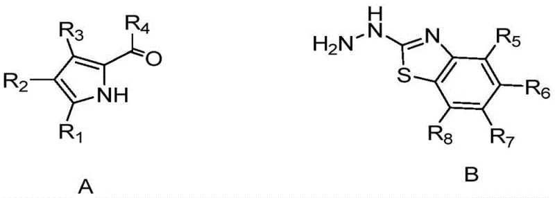 General reaction scheme showing condensation of pyrrole aldehyde and hydrazinobenzothiazole followed by boron coordination
