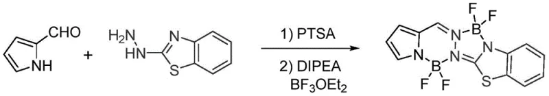 Specific synthesis example of pyrrole hydrazone difluoroboron dye 1a from 2-pyrroldehyde