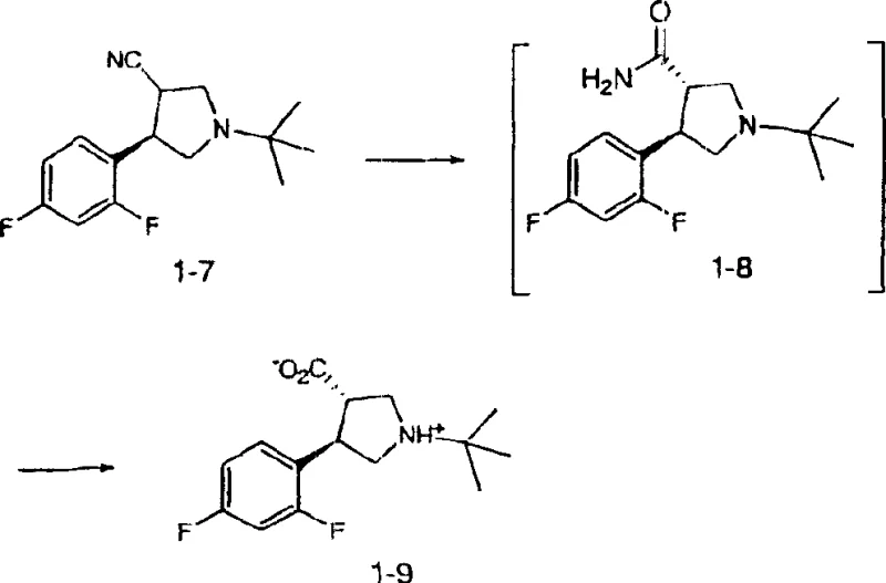 Reaction scheme showing hydrolysis and epimerization to form the final trans-pyrrolidine acid