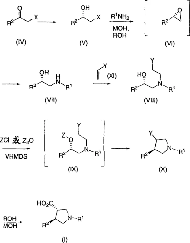 Scheme A showing the overall synthetic route from haloketone to pyrrolidine carboxylic acid
