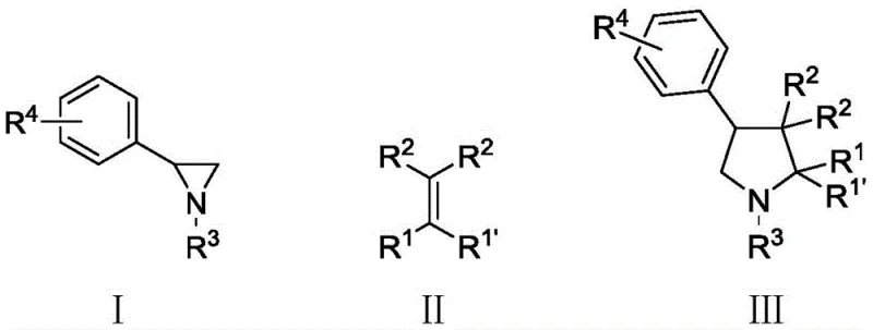 General reaction scheme showing aziridine derivatives and olefin compounds undergoing cycloaddition to form pyrrolidine skeletons under sulfur bond catalysis