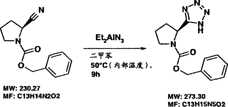 Reaction scheme showing the conversion of Cbz-protected proline nitrile to tetrazole using diethylaluminum azide