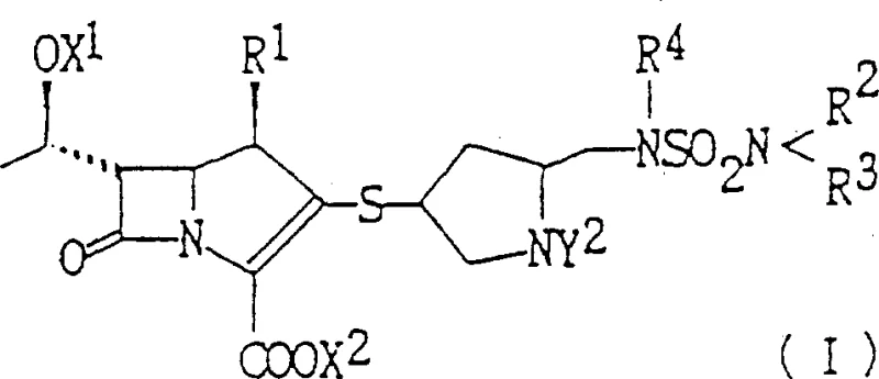 General Formula I of Pyrrolidinylthio Carbapenem Derivatives showing the core structure with variable substituents R1, R2, R3, R4, X1, X2, and Y2