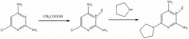 Two-step synthetic route showing oxidation of 2,4-diamino-6-chloropyrimidine followed by substitution with pyrrolidine to form the final N-oxide product