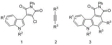 General chemical structure transformation from reactants to pyrrolo carbazole dione