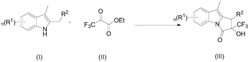 General reaction scheme showing the iron-catalyzed synthesis of pyrrolo[1,2-a]indole derivatives from 2,3-dimethylindole and ethyl trifluoropyruvate