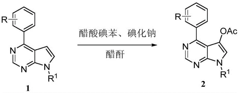 Reaction scheme showing NaI-controlled C5 acetoxylation of pyrrolo[2,3-d]pyrimidine