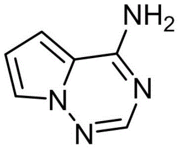 Chemical structure of Pyrrolo[1,2-f][1,2,4]triazine-4-amine showing the core heterocyclic base used in the synthesis