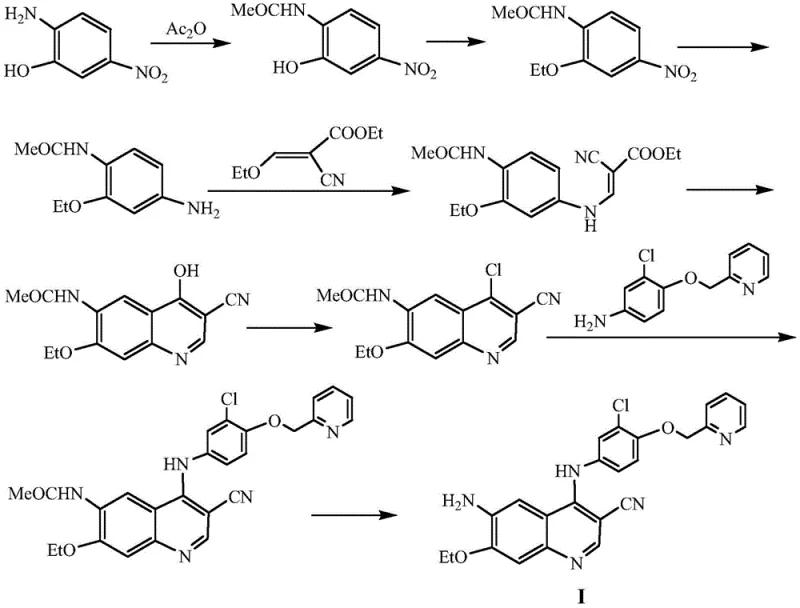 Conventional 8-step synthesis route for Pyrrotinib intermediate showing complex reactions and harsh conditions