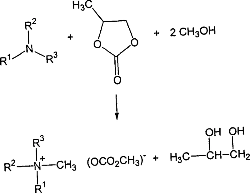 Reaction scheme showing tertiary amine reacting with propylene carbonate and methanol to form quaternary ammonium methyl carbonate and propylene glycol