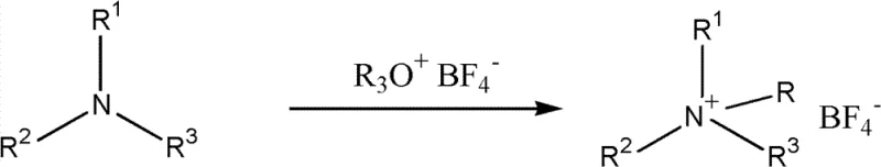 General reaction scheme showing tertiary amine reacting with alkoxonium tetrafluoroborate to form quaternary ammonium salt