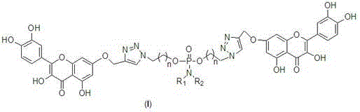 General chemical structure of Quercetin dimer derivative (Formula I) showing the central phosphoramidate linker and triazole rings