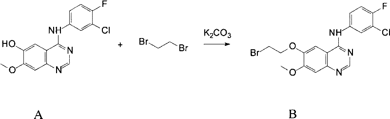 Synthetic reaction scheme showing alkylation of quinazoline core to form intermediate B