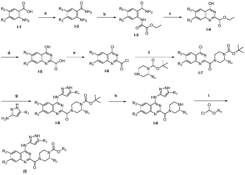 Complete synthetic route Scheme 1 for preparing quinazoline derivatives from benzoic acid precursors