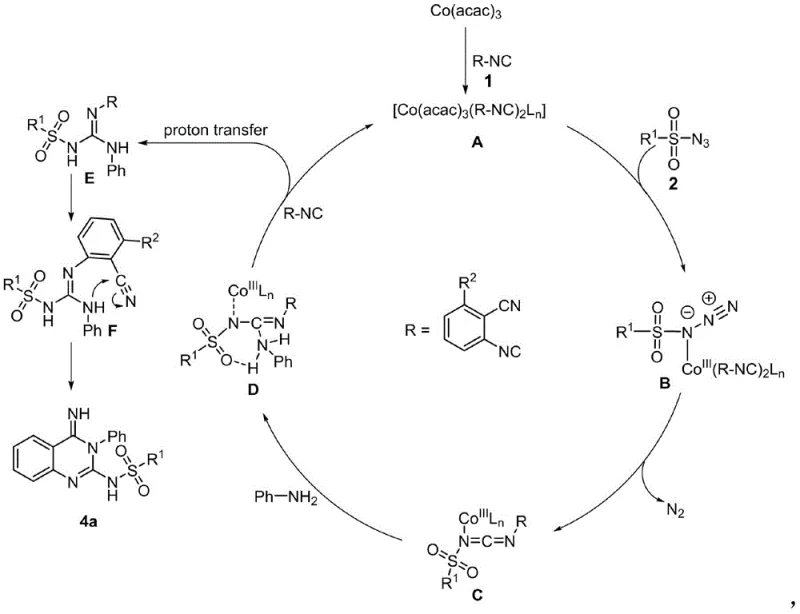 Proposed catalytic cycle mechanism involving cobalt complex formation, nitrogen extrusion, and nucleophilic cyclization