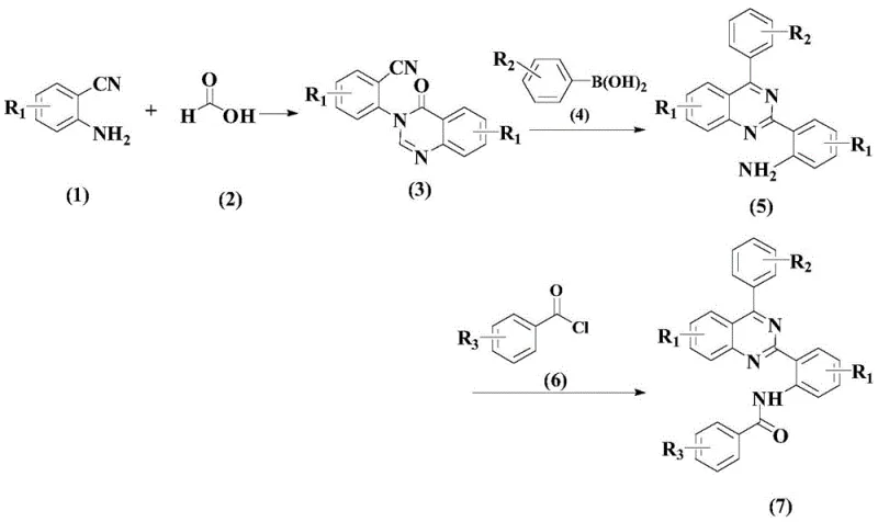 Overall three-step synthetic route for quinazoline derivatives showing cyclization, Pd-coupling, and acylation