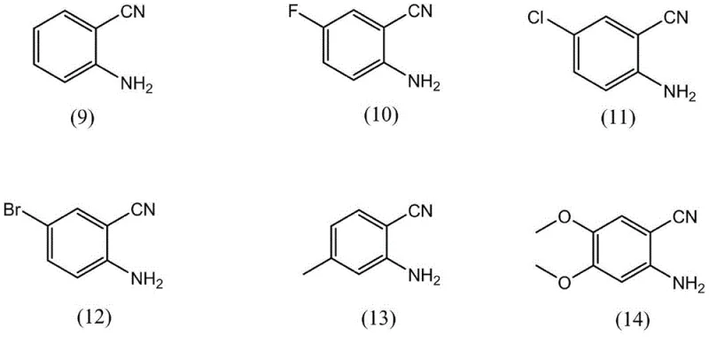 Structures of various aminobenzonitrile substrates compatible with the synthesis