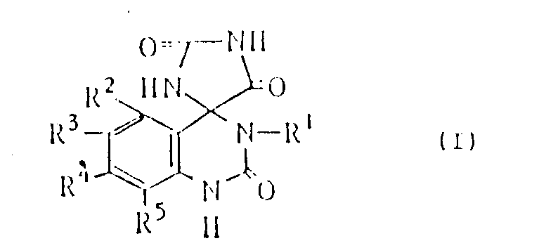 General chemical structure of Formula I showing the spiro-quinazolinone-imidazolidine trione core with variable substituents R1 through R5