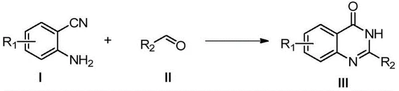 General reaction scheme for the synthesis of quinazolinone derivatives from o-aminobenzonitrile and aldehydes using copper catalysis in water