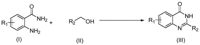 General reaction scheme showing quinazolinone synthesis from substituted anthranilamide and alcohol via visible light photocatalysis