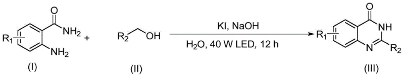 Optimized reaction conditions showing KI catalyst, NaOH base, water solvent and LED light source