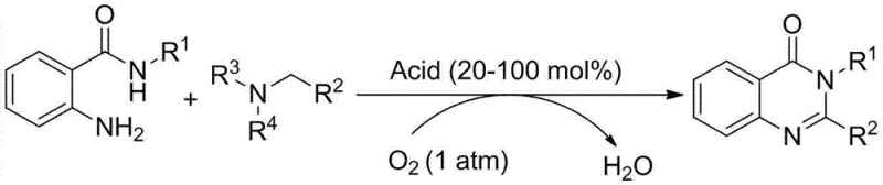 General reaction scheme for the synthesis of quinazolinone compounds using anthranilamides and amines catalyzed by Bronsted acid under oxygen atmosphere