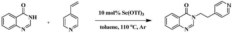 Reaction scheme for Example 1 showing Sc(OTf)3 catalyzed synthesis of quinazolinone derivative