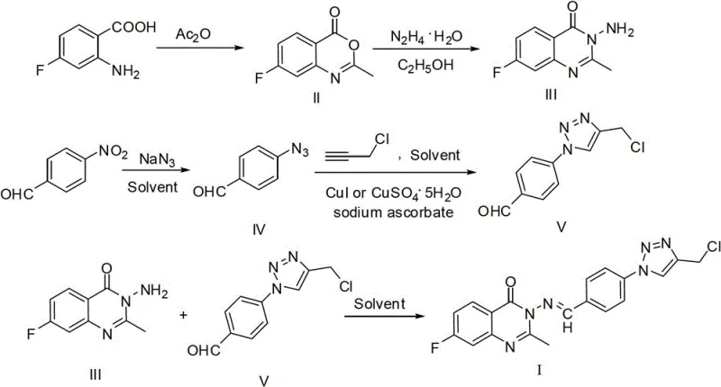 Complete synthetic route showing the convergent assembly of the quinazolinone and triazole fragments into the final Schiff base product