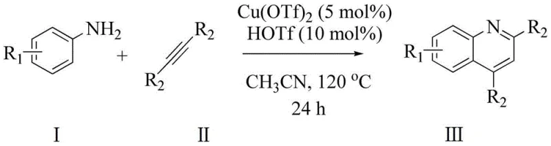 General reaction scheme showing the synthesis of quinoline derivatives from aniline and alkyne using Cu(OTf)2 catalyst