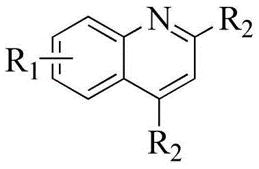 General chemical structure of quinoline-2 formate derivatives showing variable substituents R1 and R2