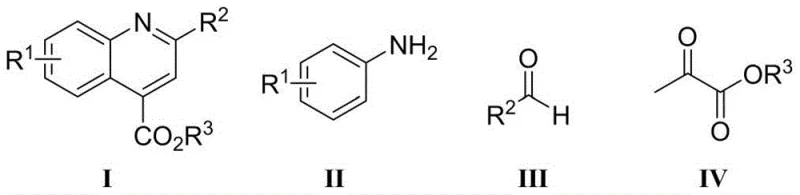 General structural formulas of reactants and quinoline-4-carboxylate products showing variable R groups