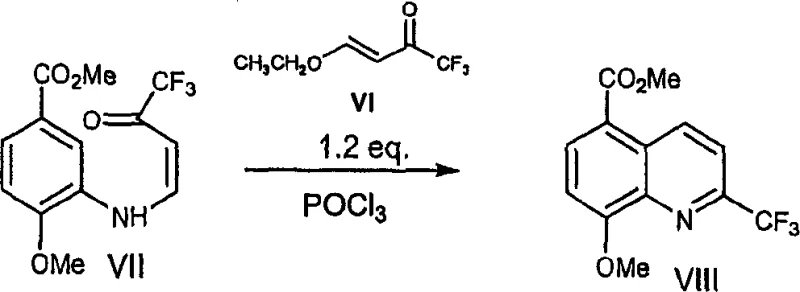 Cyclization reaction of intermediate VII to quinoline VIII using POCl3