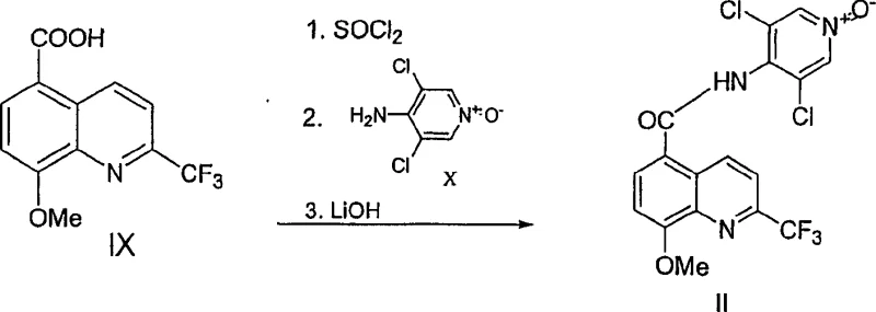 Final coupling reaction of acid IX with amine X to form target carboxamide II