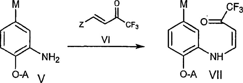 General reaction scheme showing condensation of aniline V with enone VI to form intermediate VII