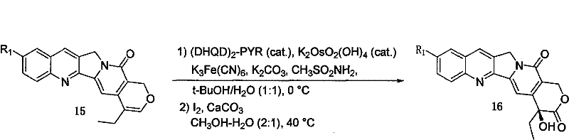 Final asymmetric dihydroxylation and lactonization steps to form Camptothecin