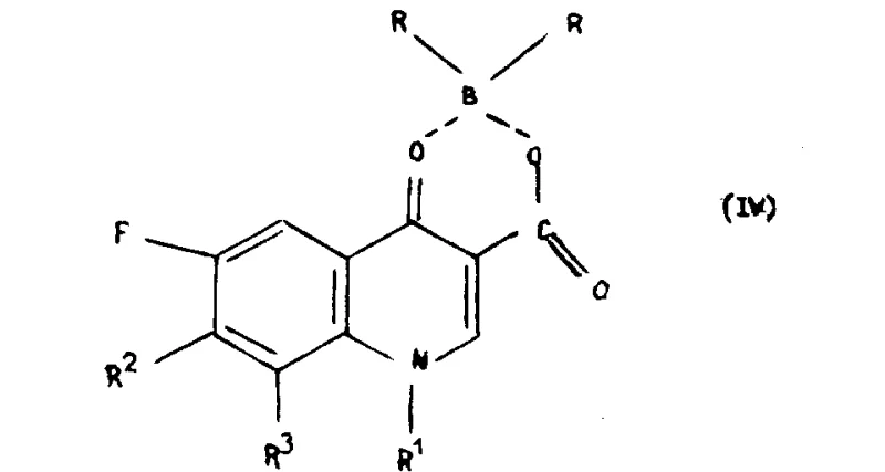 Reaction intermediate Formula IV showing piperazine attachment to the boron-protected quinoline core