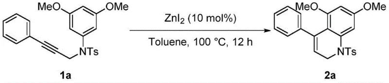 General reaction scheme for ZnI2 catalyzed synthesis of 4-phenylquinoline derivative 2a from precursor 1a
