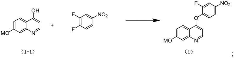 Direct nucleophilic substitution reaction between hydroxyquinoline and 3,4-difluoronitrobenzene to form the final quinoline derivative