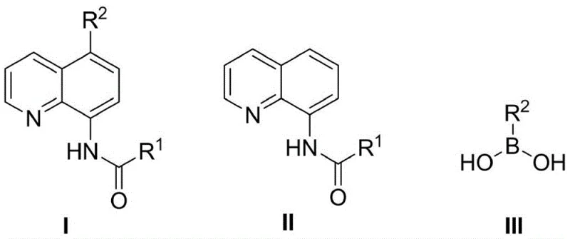 Chemical reaction scheme showing substrate structures II (aminoquinoline) III (boric acid) and product I (5-substituted arylation/heterocycle 8-acylamino quinoline)