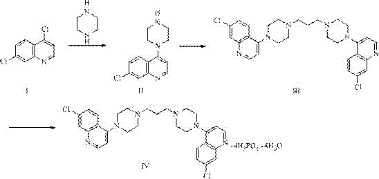 Reaction scheme showing the synthesis of Piperaquine Phosphate from 4,7-dichloroquinoline via the quinoline piperazine intermediate
