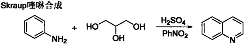 Traditional Skraup synthesis reaction scheme showing aniline and glycerol reacting with sulfuric acid and nitrobenzene to form quinoline