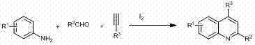 General reaction scheme for iodine-catalyzed synthesis of quinoline derivatives from amines, aldehydes, and alkynes