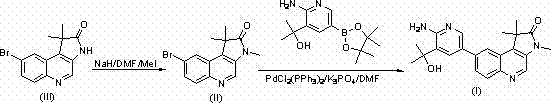 Synthetic route showing methylation and Suzuki coupling steps for quinolinone compound