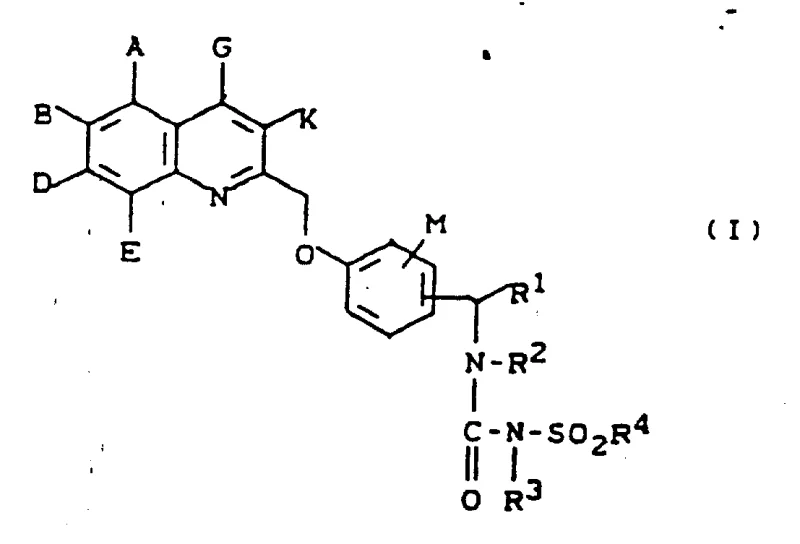 General structural formula of substituted N-(quinolin-2-yl-methoxy)benzylsulfonylureas showing variable substituents A-K and M